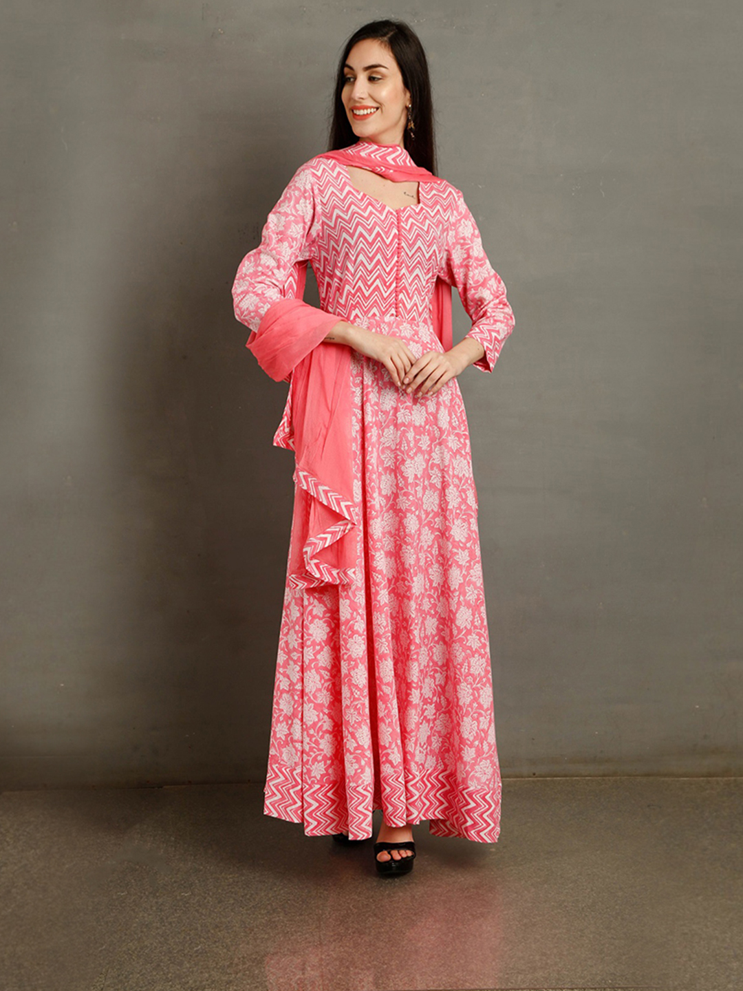 DAHLIA Pink Floral Print Kurta