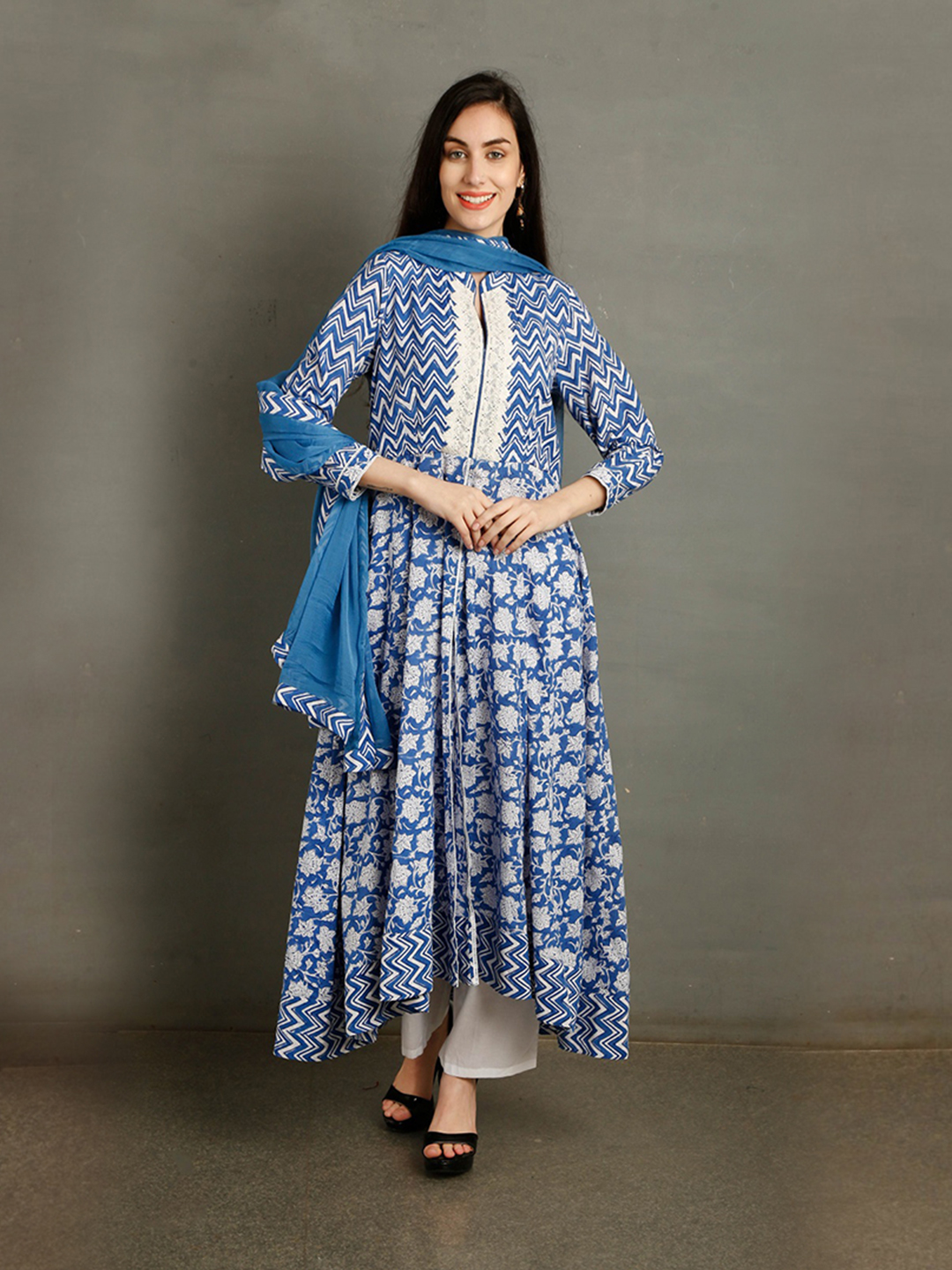 Blue Asymmetric Floral Print Suit Set