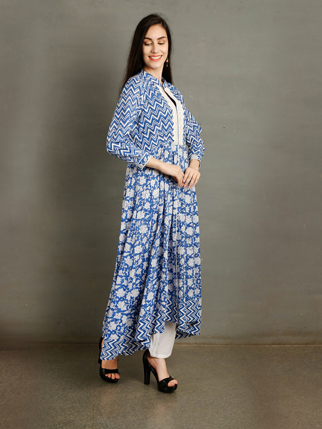 Blue Asymmetric Floral Print Suit Set