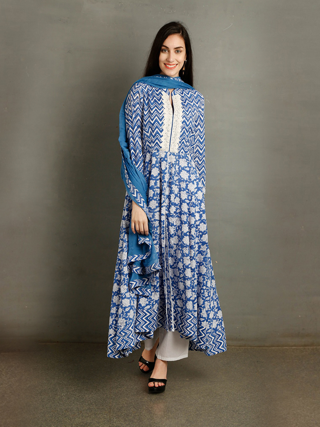 Blue Asymmetric Floral Print Suit Set