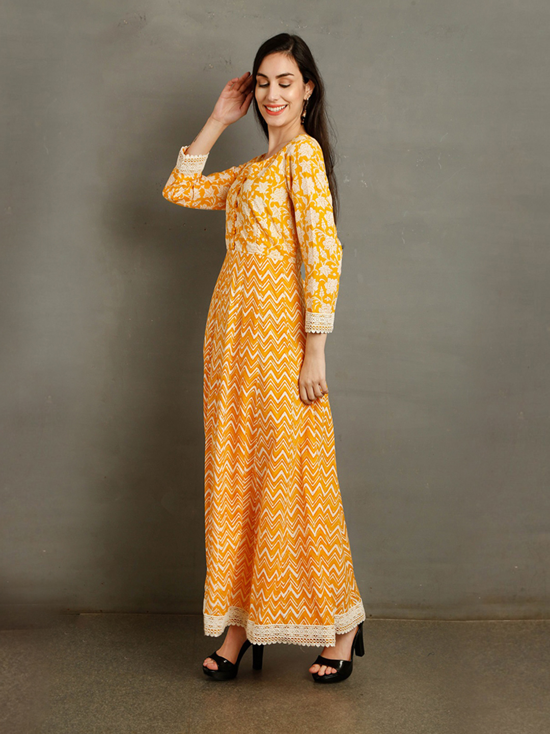 DAHLIA Yellow Gown Floral Print Kurta