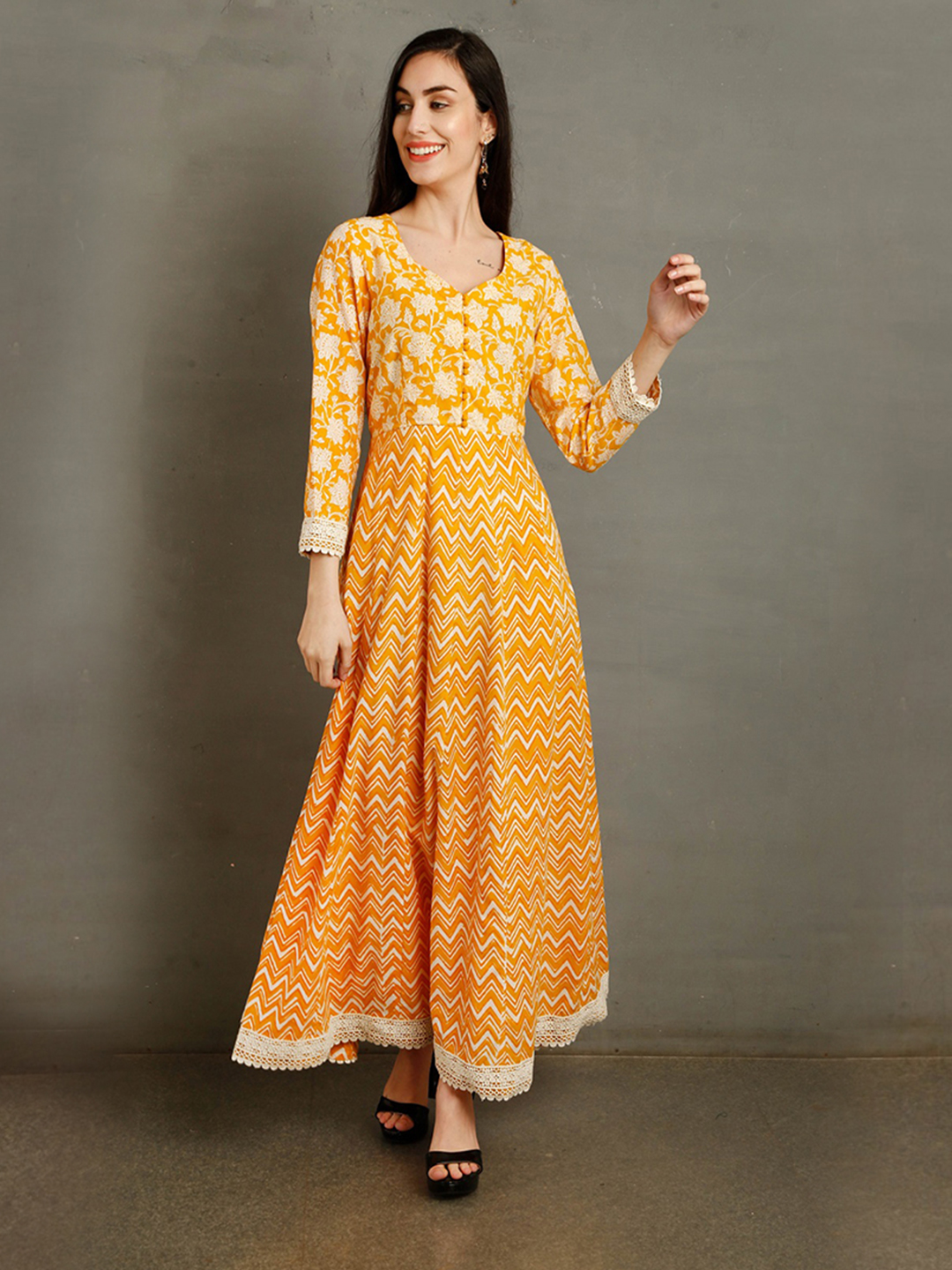 DAHLIA Yellow Gown Floral Print Kurta